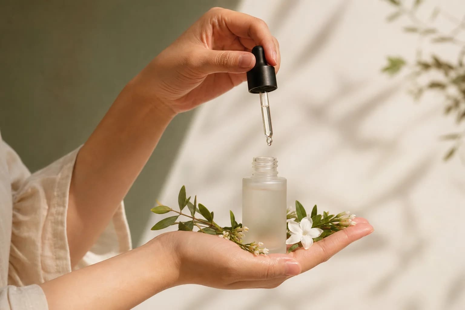 The serum held in the palm of a hand with a drop forming at the pipette tip