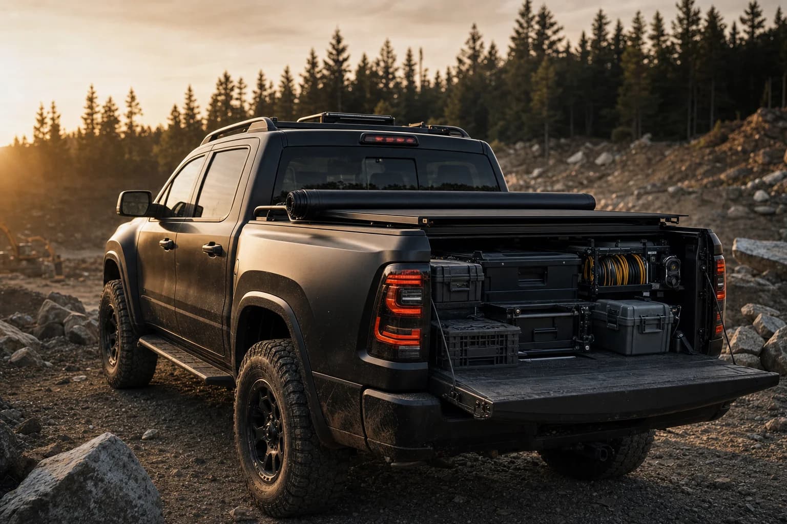 Pickup truck loaded with utility gear at golden hour